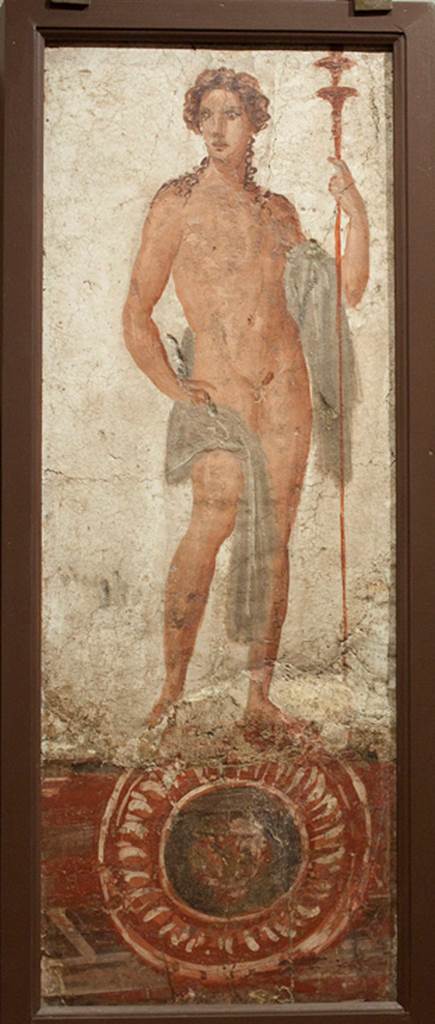 V.7 Herculaneum. According to Dardenay and Eristov, this painting of Hermaphrodite was found on the upper west wall of the triclinium on 21st March 1746.
Now in Naples Archaeological Museum. Inventory number 8904.
See Dardenay A. et Eristov H. Le décor de la Casa di Nettuno et Anfitrite à Herculanum: réintégration et synthèse virtuelle des peintures in situ et alibi ; in Picta Fragmenta, Convegno Internazionale, settembre 2018, Napoli
